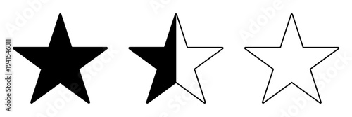 Star rating icon set in solid, half and outline styles. Favorite and review star symbols for feedback systems, scoring interfaces and website or mobile app UI design