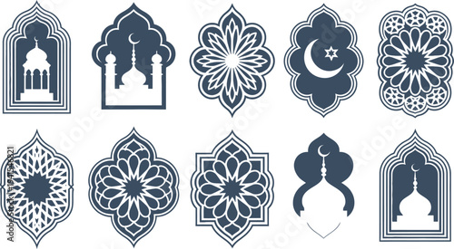 Islamic ornamental patterns and mosque silhouettes, arabesque geometric design elements