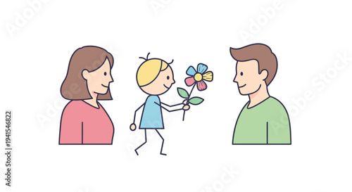 Cartoon Family with Flowers Gift.