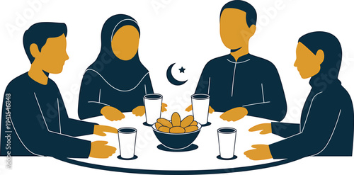 Muslim family breaking fast together at iftar table with dates and water