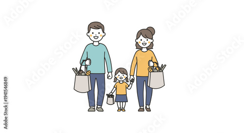 Cartoon Family with Shopping Bags Together.