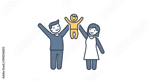 Cartoon Family with Raised Arms Illustration.