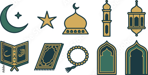 Islamic religious symbols mosque crescent star prayer rug quran lantern beads