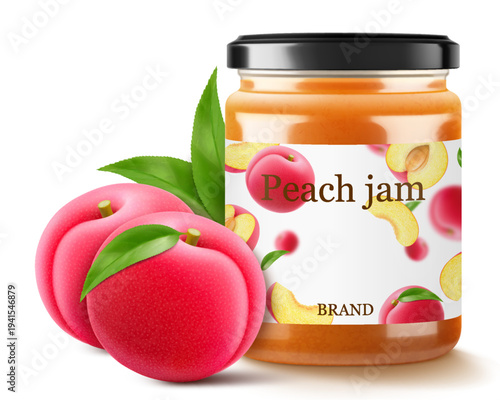 Glass jar with plum jam isolated on white background. Jar of marmalade from juicy blue plums. fresh fruits with leaves. Organic food. Label mockup for jam. Realistic 3d vector illustration