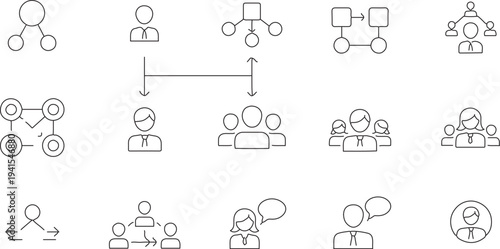 Set of 15 black outline business organization and communication vector icons for corporate structure, networking, and team management isolated PNG with Transparent Background