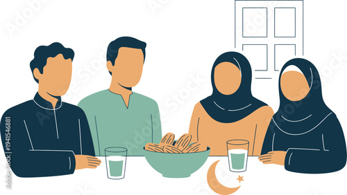 Muslim family breaking fast with dates and water, iftar meal ramadan celebration