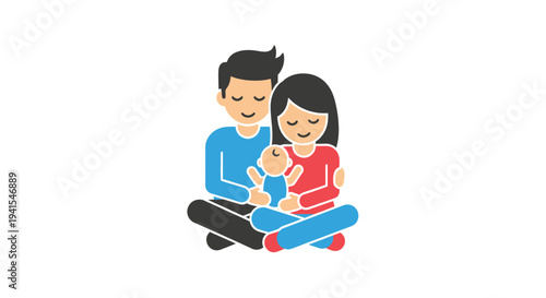 Cartoon Father and Mother Holding Baby.