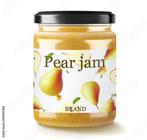 MoGlass jar with pear Jam isolated on white background. Homemade berries and fruit jam, natural organic product. Jar with cap and label. White strip with text and pattern with fruits .Realistic 3d vec