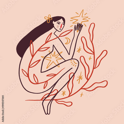 Boho sacred magic woman mystical symbol flat holistic healing meditation, reiki new age concept modern abstract silhouette divine feminine botanical silhouette vector moon child mystical mother earth