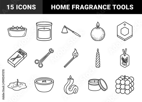 Aromatic candle making and home fragrance equipment featuring wax melts, wick trimmers, snuffer, and decorative hand-drawn monoline line art.