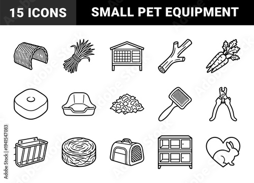 Rabbit care and small pet husbandry equipment featuring chunky monolinear pictograms for veterinary guides and domestic animal welfare content.