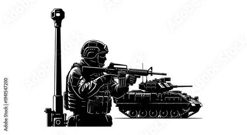 Soldier with Assault Rifle and Armored Vehicle, Military Combat Scene, Black and White Illustration