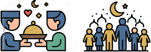 Ramadan kareem muslim people sharing food iftar celebration charity community mosque vector