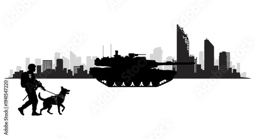 Soldier with dog and tank silhouette against city skyline