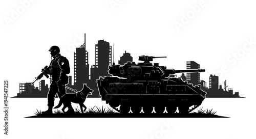 Soldier with Dog and Tank Silhouette in Urban Cityscape Background