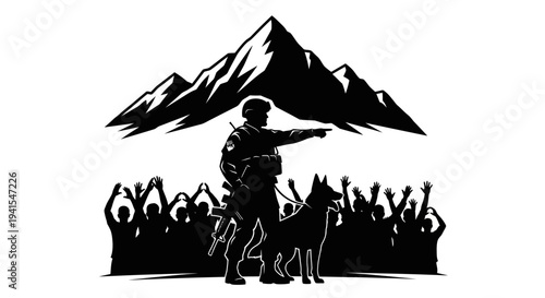 Soldier with Dog and Crowd Under Mountain Silhouette