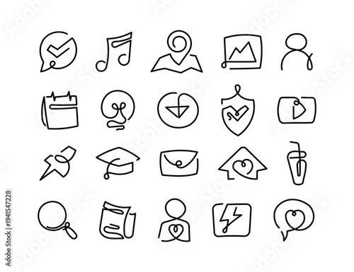 Hand drawn icon set with interface communication navigation media security education location household beverage search document user support lightning message