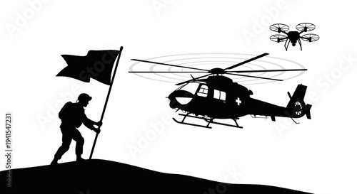Soldier with Drone and Helicopter, Military Surveillance and Reconnaissance