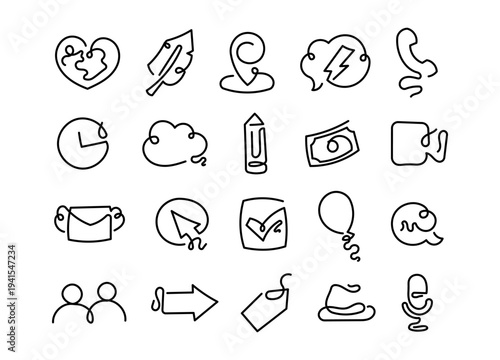 Hand drawn icon set with including heart planet feather pen location pin brain phone clock cloud pencil money camera envelope
