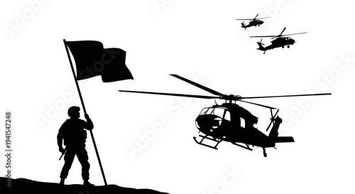 Soldier with Flag and Helicopters Silhouette