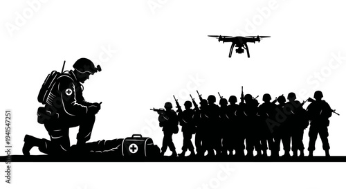 Soldier with drone and medical kit, army squad in formation, military technology concept