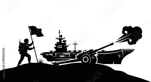 Soldier with Flag and Naval Ship Firing Cannon - Military Power Silhouette