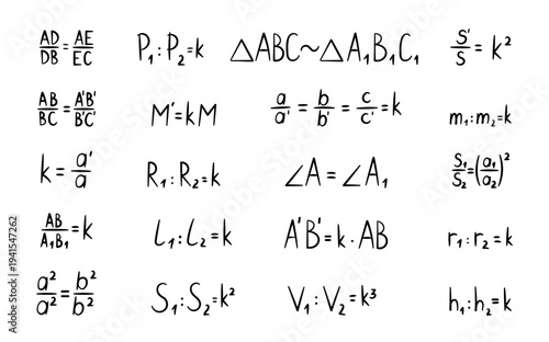 Geometry similarity proportionality formula set featuring triangle ratios area scaling homothety transformation perimeter segments medians bisectors radii heights volumes