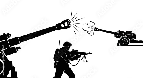 Soldier with Machine Gun Amidst Artillery Fire and Cannon Barrage