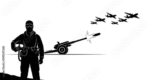 Soldier with Helmet, Artillery Firing, Airplanes Flying - Military Scene