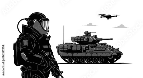 Soldier with futuristic helmet, tank, and drone in a military operation