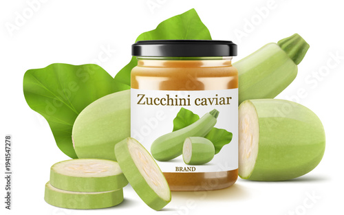 Pickled zucchini caviar in a glass jar isolated on white background. Homemade canned food. Realistic 3d vector illustration. Tasty and healthy vegetable preserves. Mockup of a jar