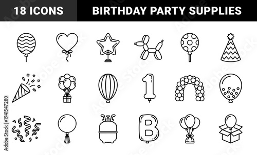 Party celebration and birthday event planning elements. Minimalist monoline pictograms featuring helium balloons, confetti, and festive decorations.