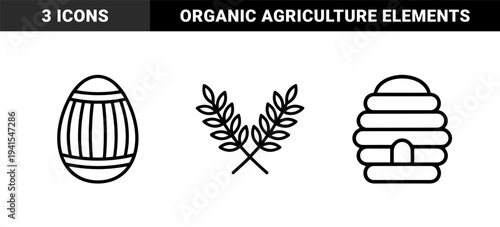 Sustainable agriculture and organic farming symbols in bold monoline style. Traditional beehive, harvested cereal stalks, and decorated egg for ecological branding.