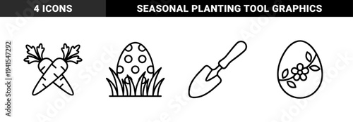 Spring seasonal gardening and holiday celebration elements. Minimalist bold line art featuring decorated eggs, crossed carrots, and a hand trowel for planting.