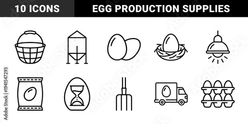 Poultry farming and egg production supply chain elements. Technical monoline pictograms for agriculture logistics, organic ranching, and food distribution.