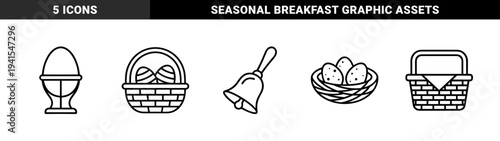 Easter holiday celebration elements and seasonal spring breakfast symbols. Minimalist monoline graphic assets featuring wicker baskets, speckled eggs, and festive hand bell.