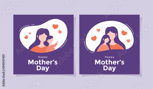 Mother's Day greeting set featuring flat illustration of mother with her son and daughter. Set of Happy Mother's Day social media posts design.