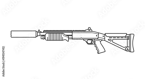 Tactical Shotgun with Suppressor Line Drawing Illustration