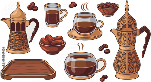 Set of arabic coffee elements and dates isolated on transparent background