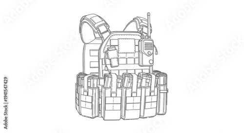Tactical Vest Line Art Illustration - Military Gear, Protection, Combat Equipment