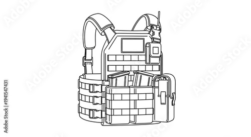 Tactical Vest with Magazine Pouches and Molle System - Line Art Illustration
