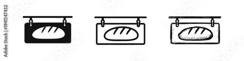 Bakery shop sign icon set, featuring a hanging signboard with a loaf of bread in various artistic styles.
