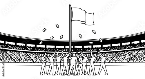 Team raising flag at stadium event, confetti falling, celebrating victory, success, teamwork