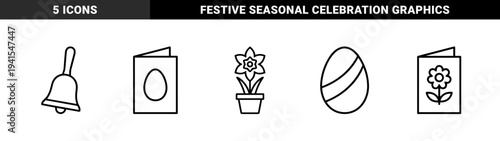 Spring seasonal celebrations and Easter holiday greeting elements. Minimalist monoline symbols featuring daffodils, decorative eggs, and festive cards.