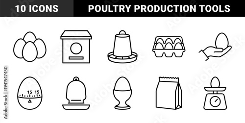 Poultry farming and egg production outline pictograms for agricultural business. Monoline technical stroke elements featuring poultry feeders, egg cartons, and kitchen scales.
