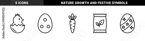 Easter celebration and springtime gardening line art elements featuring decorated eggs, hatching chick, carrot, and organic seed packet for seasonal branding.