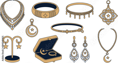 Set of islam jewelry for ramadan celebration and eid al fitr, isolated on transparent background