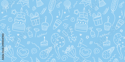 Seamless birthday pattern in doodle sketch style. Hand drawn elements and attributes of festive party on blue background. Loose drawing festive print for textiles, packaging and design, vector