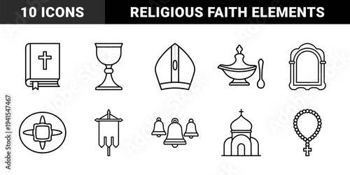 Christian religious symbols and liturgical items for editorial and educational design. Uniform monoline pictograms of catholic faith and church heritage.