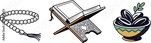 Set of islamic religious elements tasbih prayer beads holy quran and bowl of dates